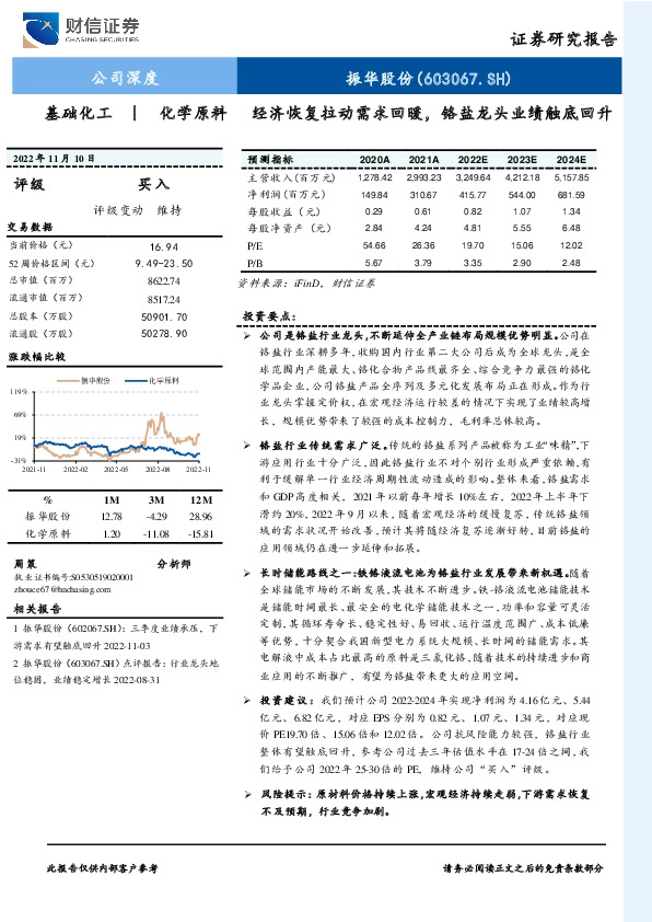 经济恢复拉动需求回暖，铬盐龙头业绩触底回升