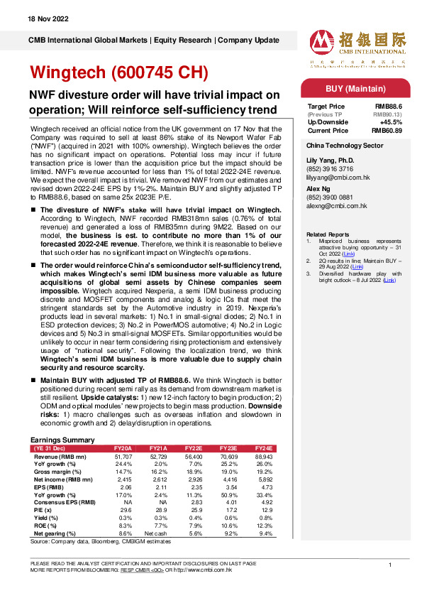 NWF divesture order will have trivial impact on operation; Will reinforce self-sufficiency trend