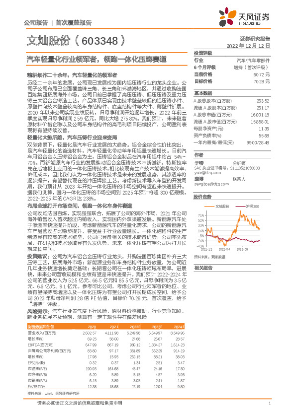 汽车轻量化行业领军者，领跑一体化压铸赛道