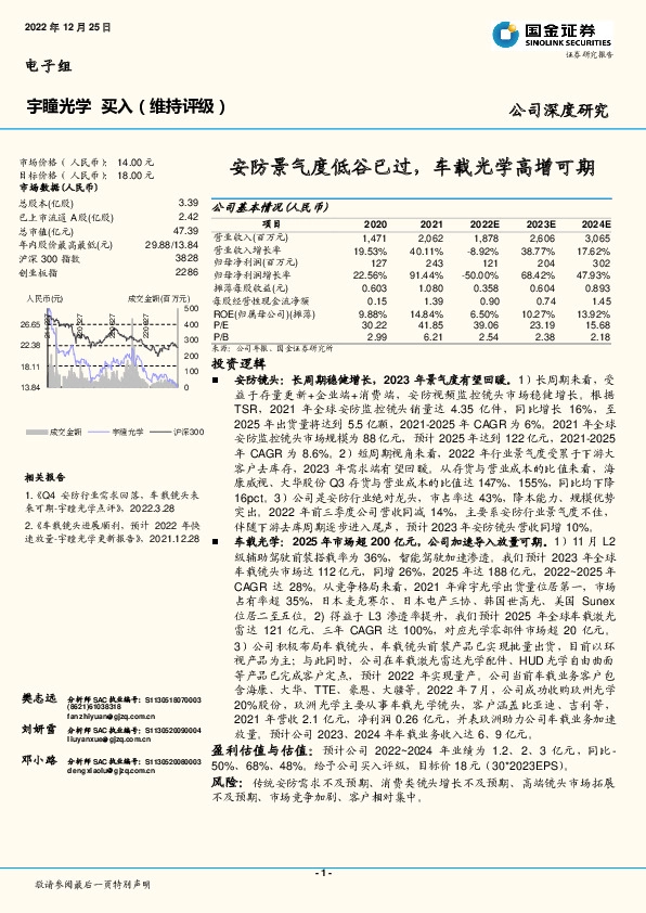 安防景气度低谷已过，车载光学高增可期