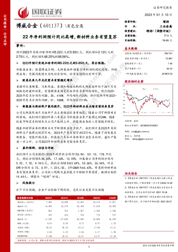 22年净利润预计同比高增，新材料业务有望复苏
