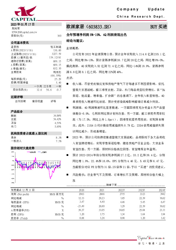 全年预增净利润5%-15%，4Q利润表现出色