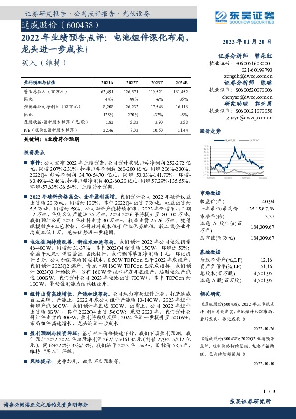 2022年业绩预告点评：电池组件深化布局，龙头进一步成长！