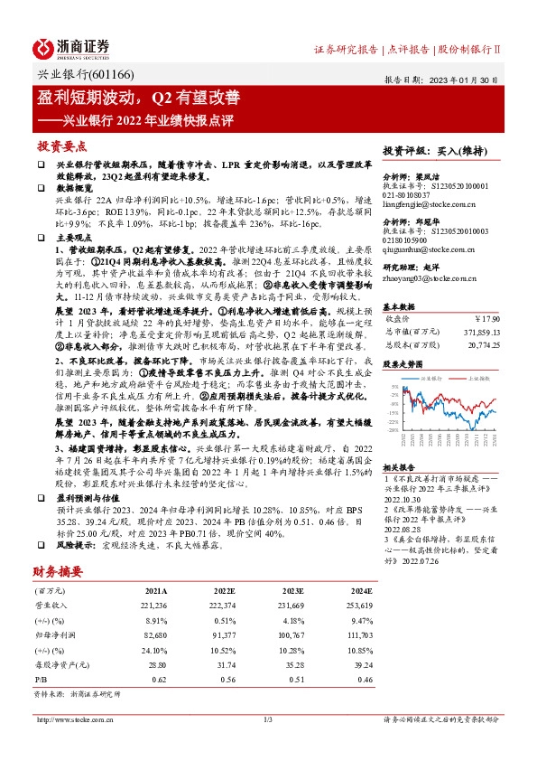 兴业银行2022年业绩快报点评：盈利短期波动，Q2有望改善