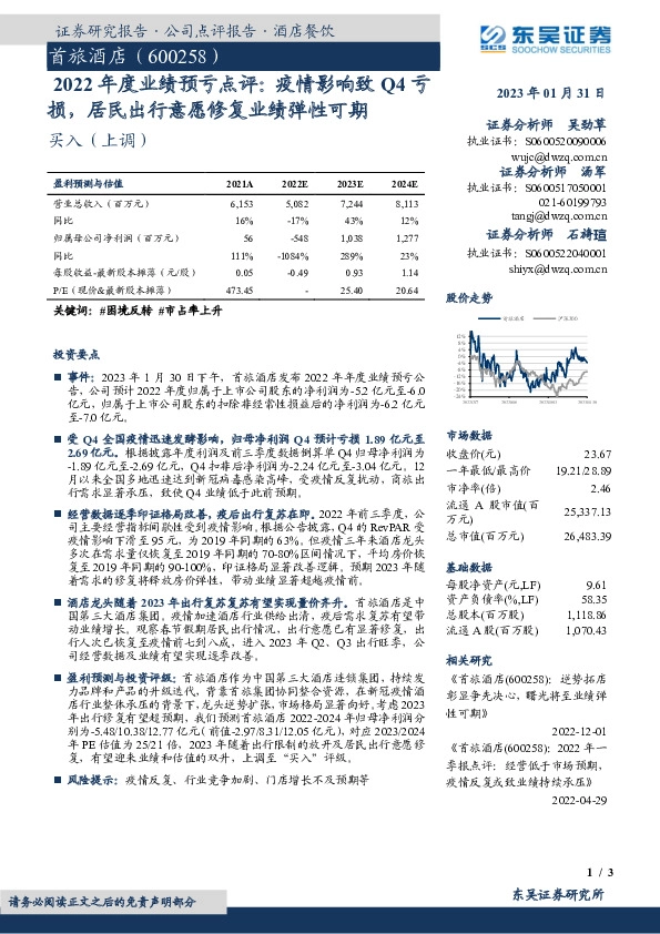 2022年度业绩预亏点评：疫情影响致Q4亏损，居民出行意愿修复业绩弹性可期