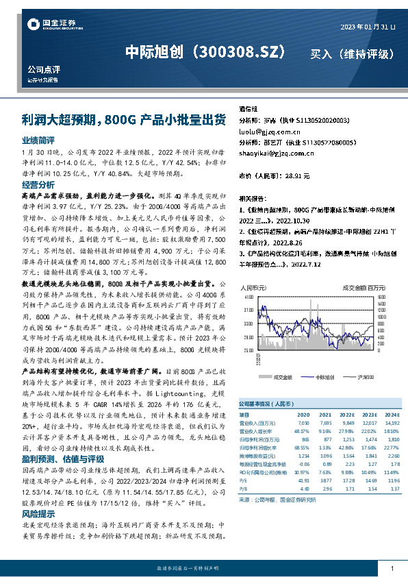 利润大超预期，800G产品小批量出货