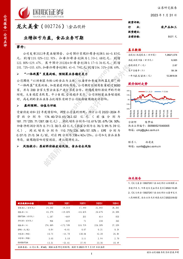 业绩扭亏为盈，食品业务可期