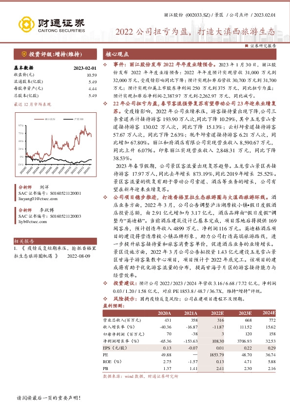 2022公司扭亏为盈，打造大滇西旅游生态