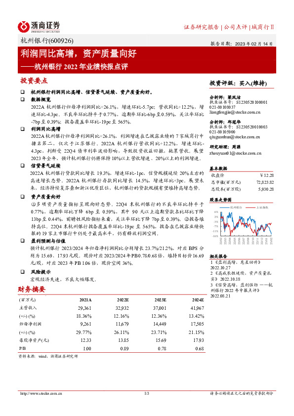 杭州银行2022年业绩快报点评：利润同比高增，资产质量向好
