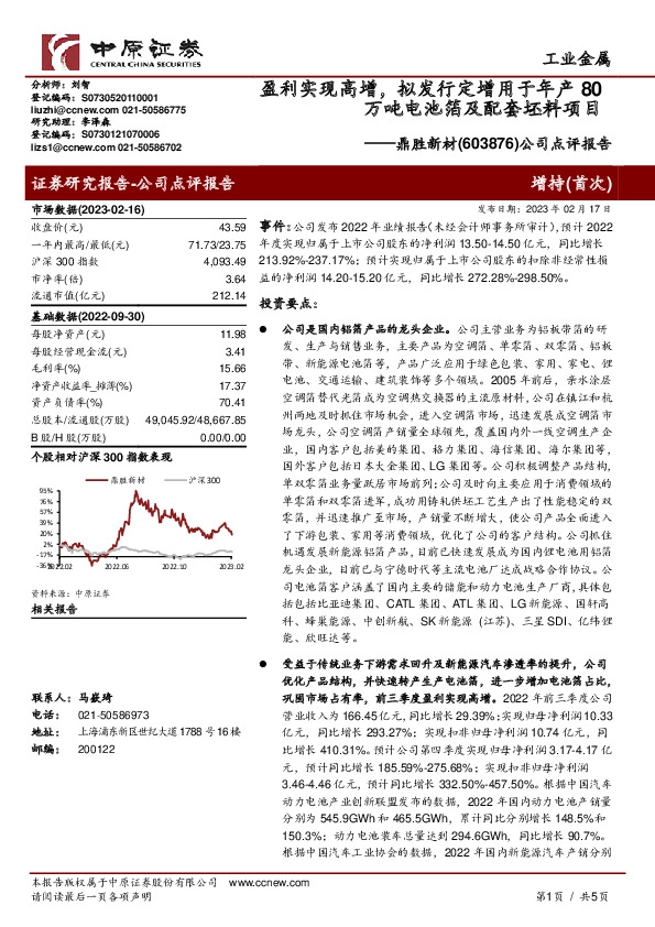 公司点评报告：盈利实现高增，拟发行定增用于年产80万吨电池箔及配套坯料项目