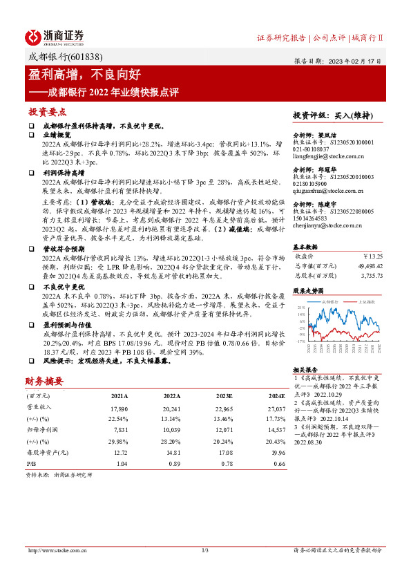 成都银行2022年业绩快报点评：盈利高增，不良向好