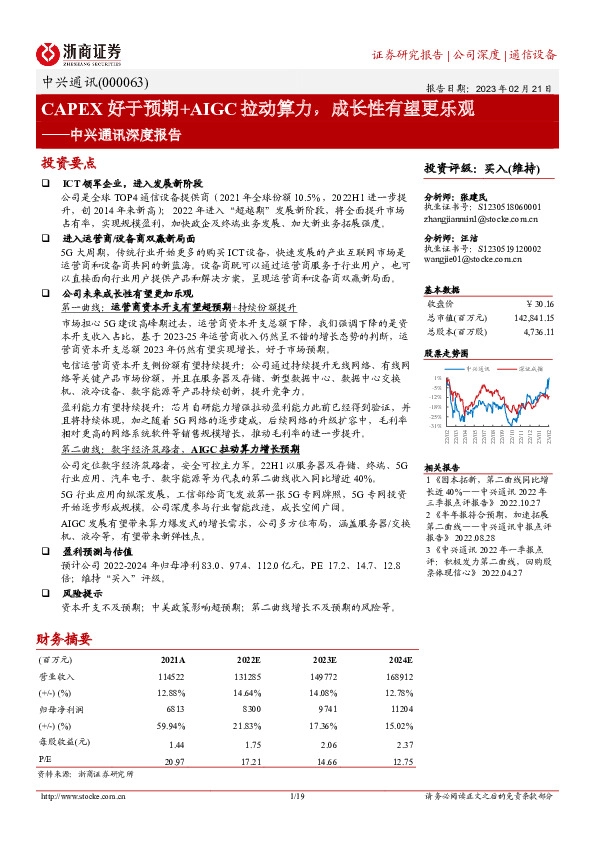 中兴通讯深度报告：CAPEX好于预期+AIGC拉动算力，成长性有望更乐观