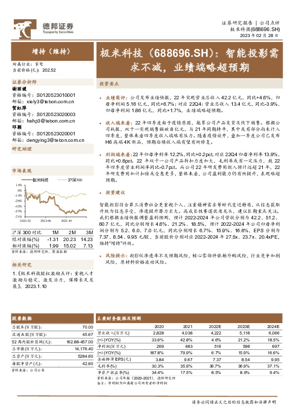 智能投影需求不减，业绩端略超预期