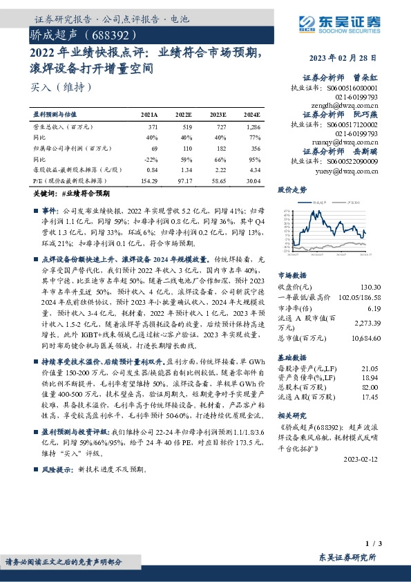 2022年业绩快报点评：业绩符合市场预期，滚焊设备打开增量空间