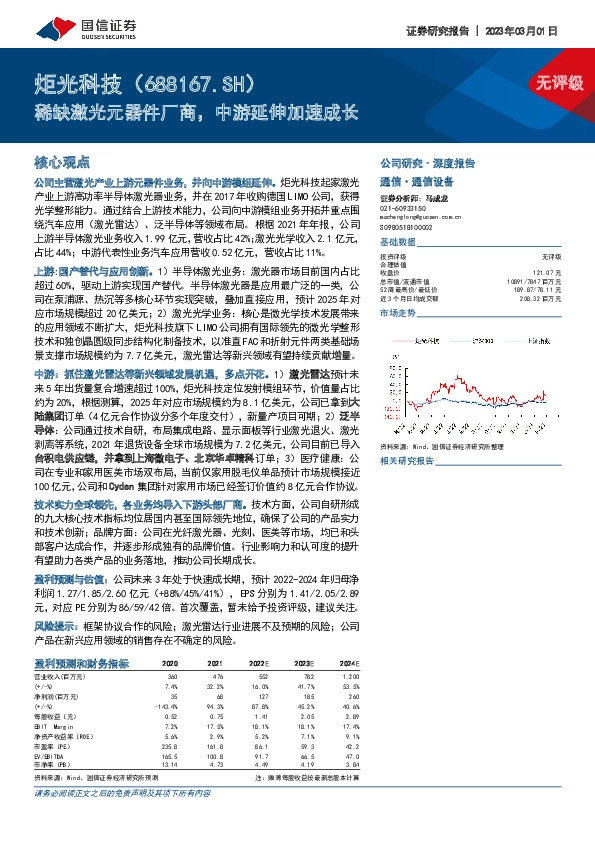 稀缺激光元器件厂商，中游延伸加速成长