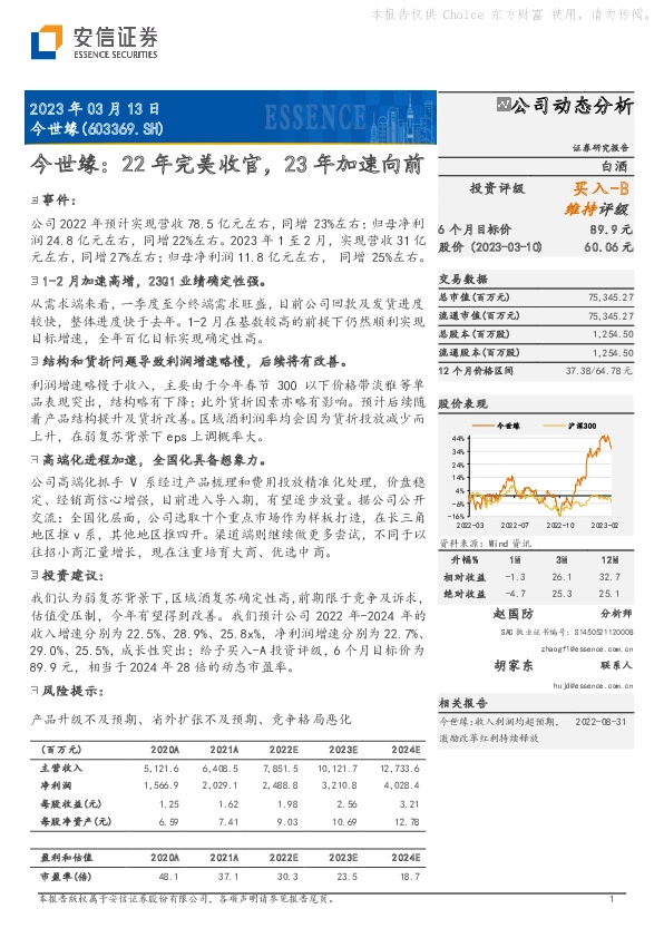 今世缘：22年完美收官，23年加速向前