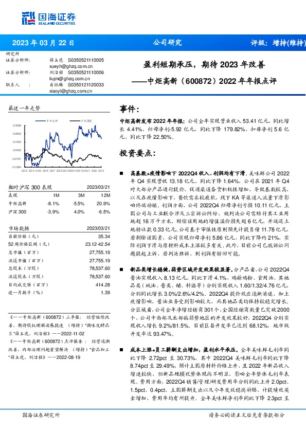 2022年年报点评：盈利短期承压，期待2023年改善
