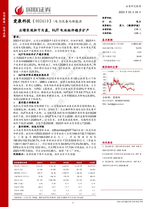 业绩实现扭亏为盈，HJT电池组件稳步扩产