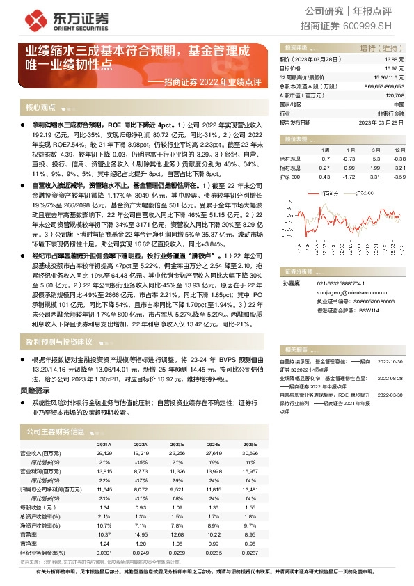 招商证券2022年业绩点评：业绩缩水三成基本符合预期，基金管理成唯一业绩韧性点