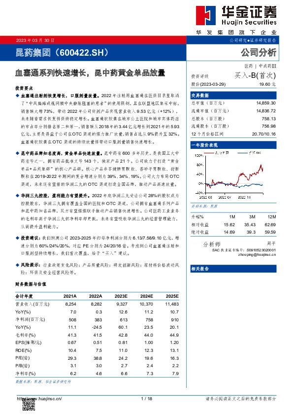 血塞通系列快速增长，昆中药黄金单品放量