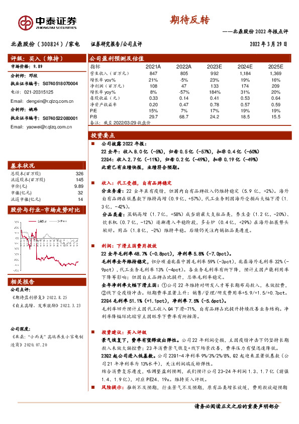 北鼎股份2022年报点评：期待反转