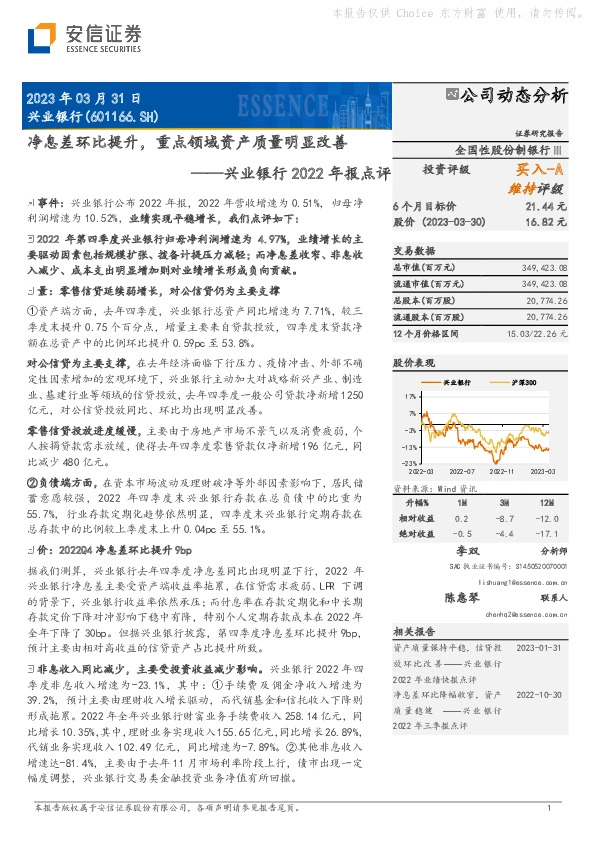 兴业银行2022年报点评：净息差环比提升，重点领域资产质量明显改善
