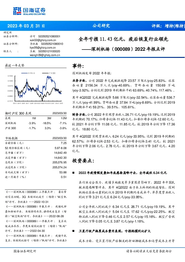 2022年报点评：全年亏损11.43亿元，疫后恢复行业领先