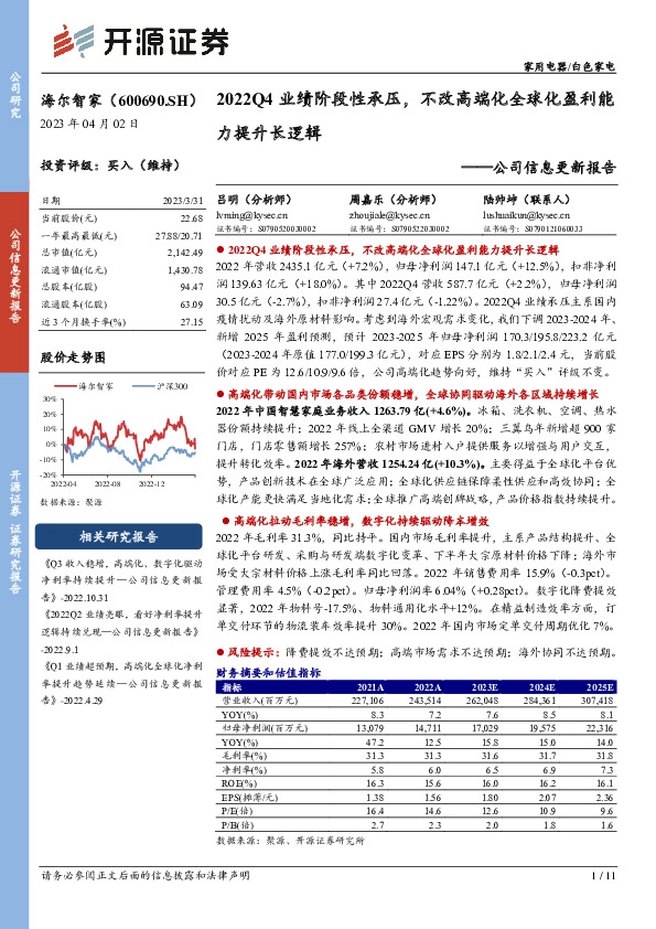 公司信息更新报告：2022Q4业绩阶段性承压，不改高端化全球化盈利能力提升长逻辑