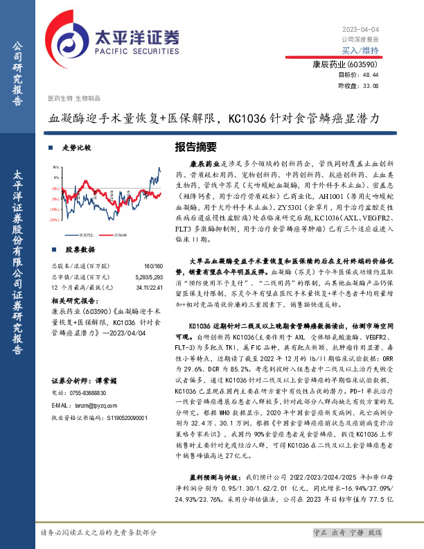 血凝酶迎手术量恢复+医保解限，KC1036针对食管鳞癌显潜力