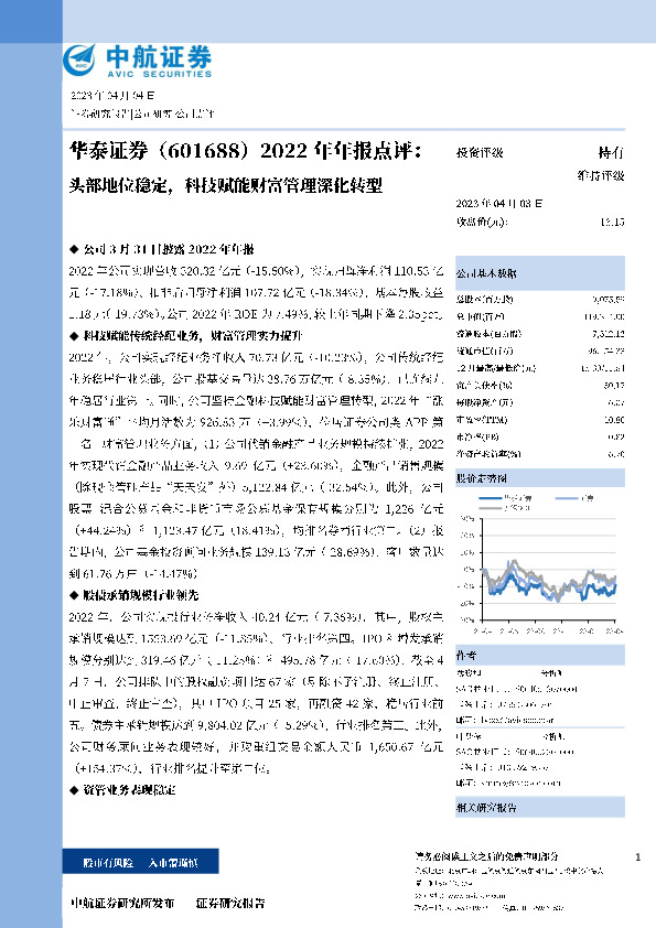 华泰证券2022年年报点评：头部地位稳定，科技赋能财富管理深化转型