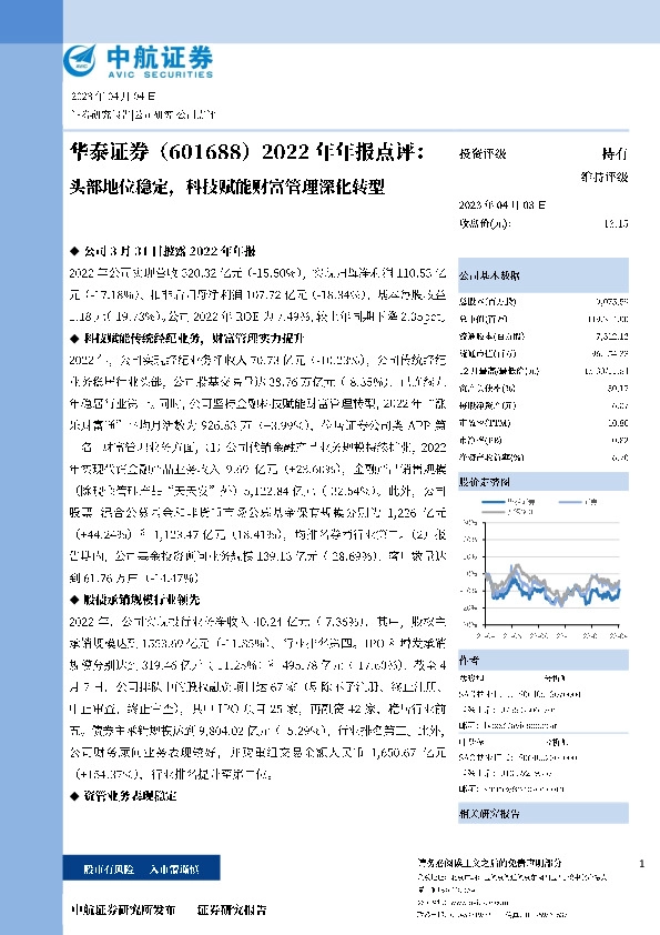 华泰证券2022年年报点评：头部地位稳定，科技赋能财富管理深化转型