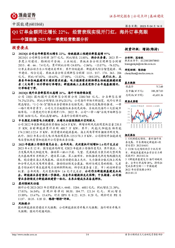 中国能建2023年一季度经营数据分析：Q1订单金额同比增长22%，经营表现实现开门红，海外订单亮眼