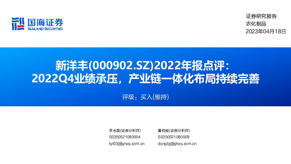 2022年报点评：2022Q4业绩承压，产业链一体化布局持续完善