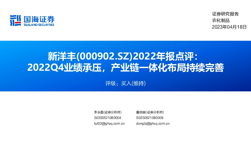 2022年报点评：2022Q4业绩承压，产业链一体化布局持续完善