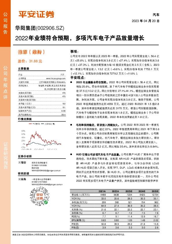 2022年业绩符合预期，多项汽车电子产品放量增长