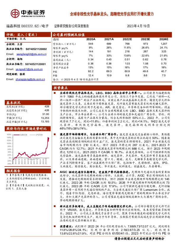 全球非线性光学晶体龙头，超精密光学应用打开增长潜力