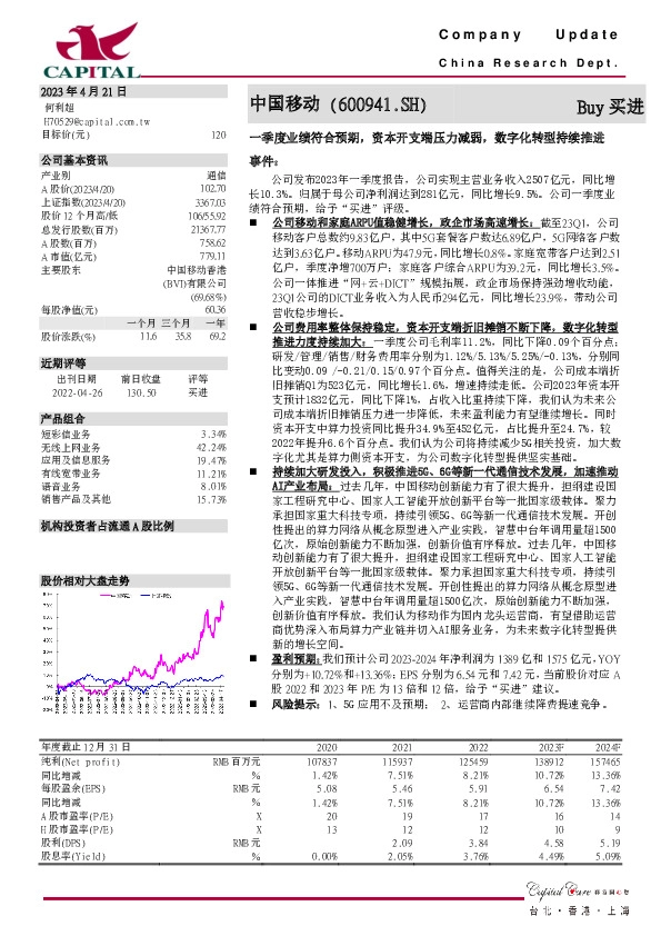一季度业绩符合预期，资本开支端压力减弱，数字化转型持续推进