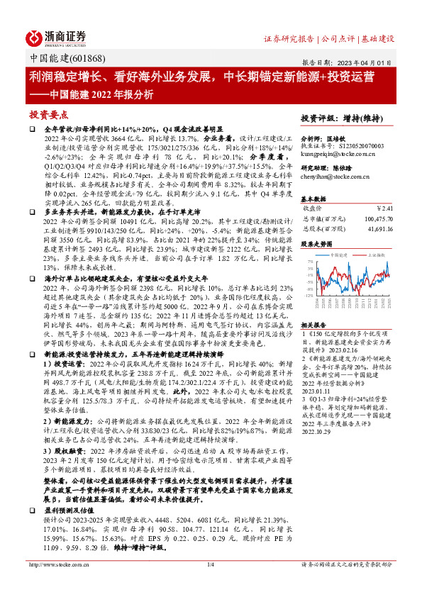 中国能建2022年报分析：利润稳定增长、看好海外业务发展，中长期锚定新能源+投资运营
