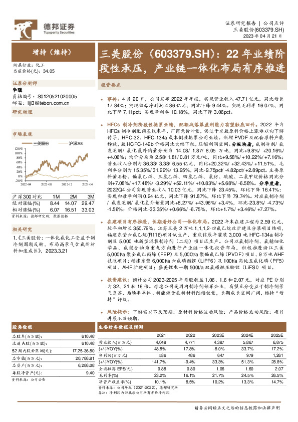 22年业绩阶段性承压，产业链一体化布局有序推进