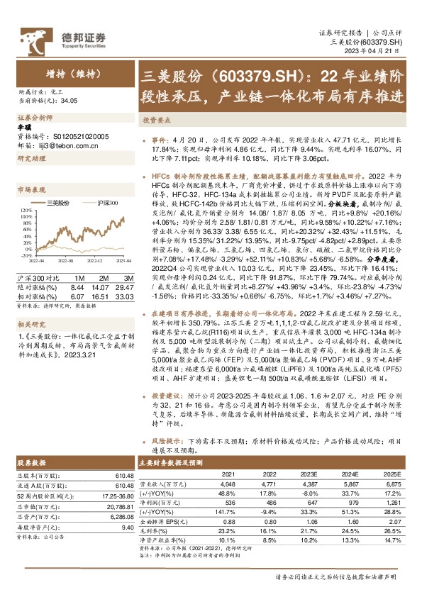 22年业绩阶段性承压，产业链一体化布局有序推进