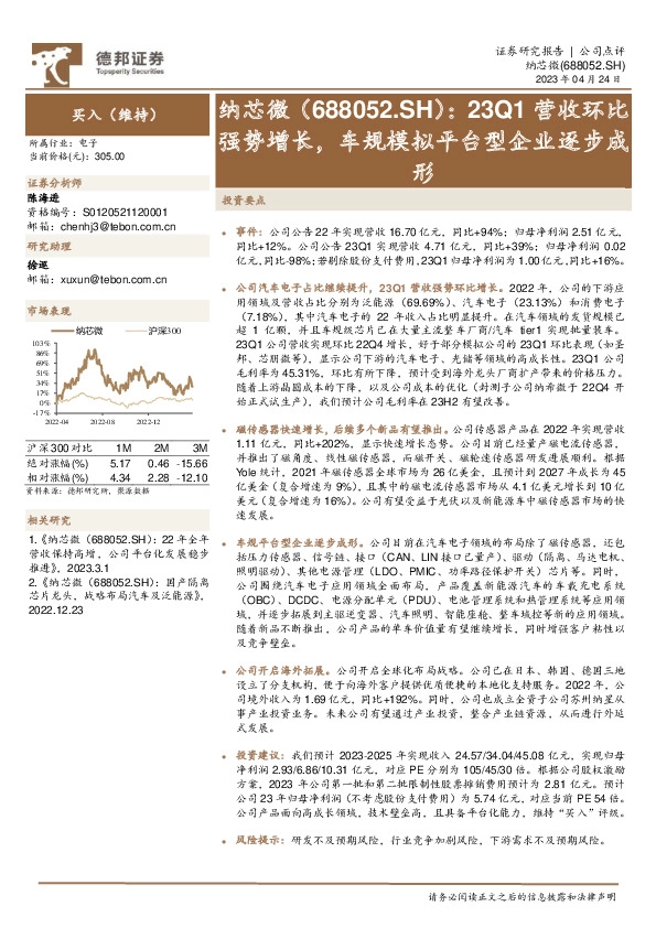 23Q1营收环比强势增长，车规模拟平台型企业逐步成形