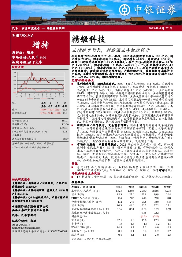业绩稳步增长，新能源业务快速提升