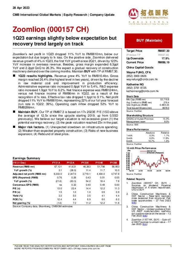1Q23 earnings slightly below expectation but recovery trend largely on track