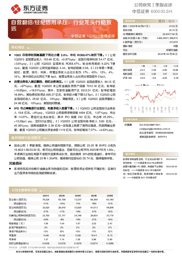 中信证券1Q2023业绩点评：自营翻倍/经纪信用承压，行业龙头行稳致远