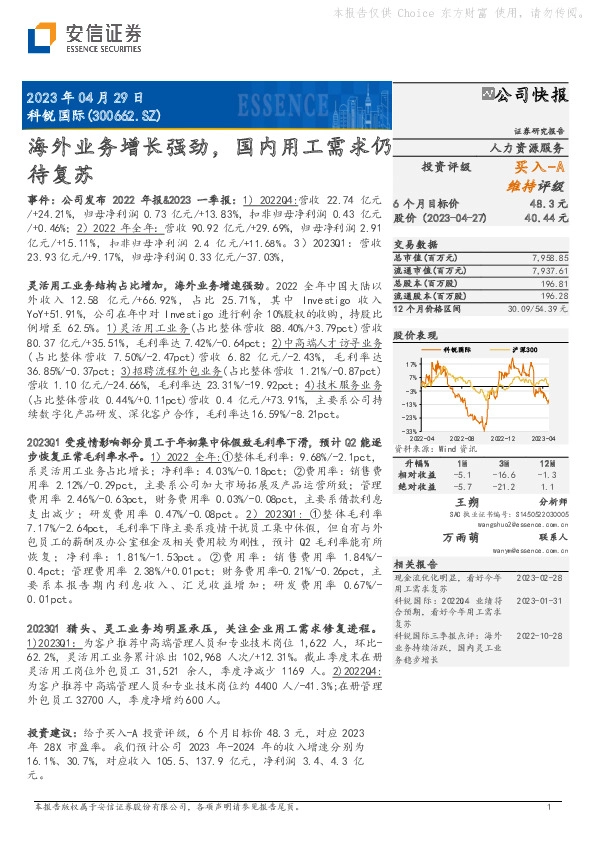海外业务增长强劲，国内用工需求仍待复苏