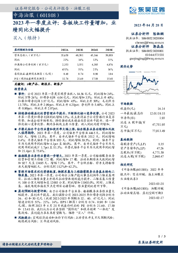 2023年一季度点评：各板块工作量增加，业绩同比大幅提升