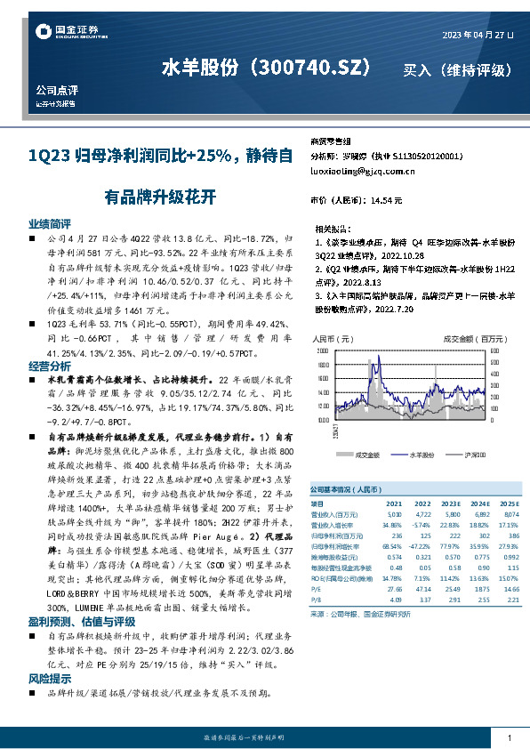 1Q23归母净利润同比+25%，静待自有品牌升级花开