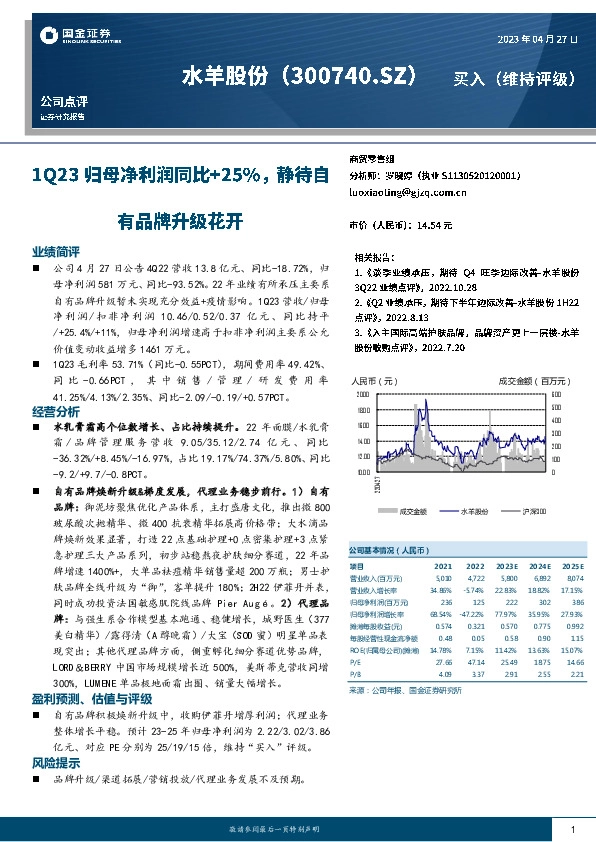 1Q23归母净利润同比+25%，静待自有品牌升级花开