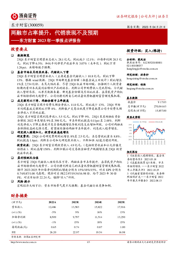 东方财富2023年一季报点评报告：两融市占率提升，代销表现不及预期