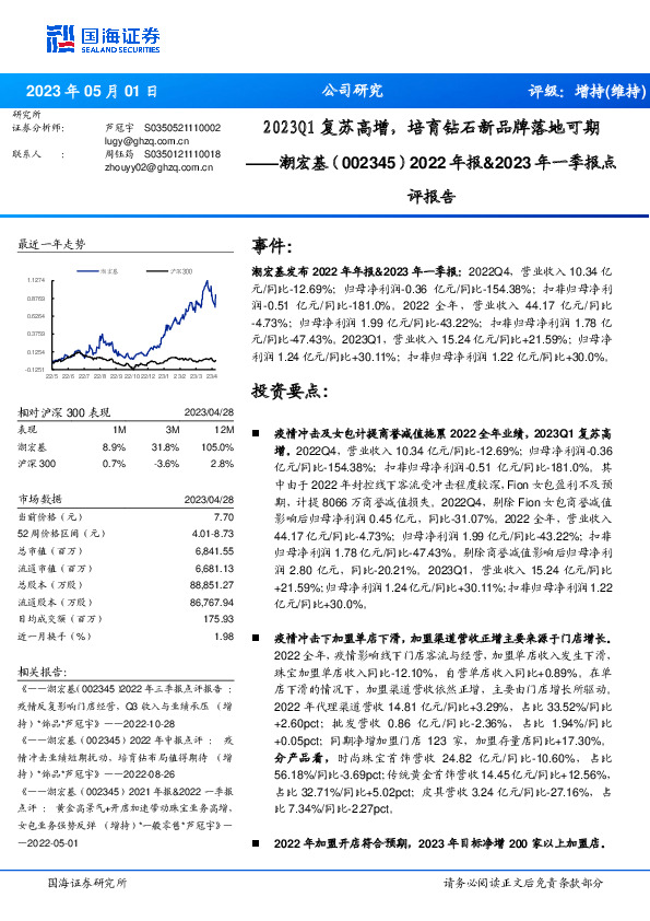 2022年报&2023年一季报点评报告：2023Q1复苏高增，培育钻石新品牌落地可期